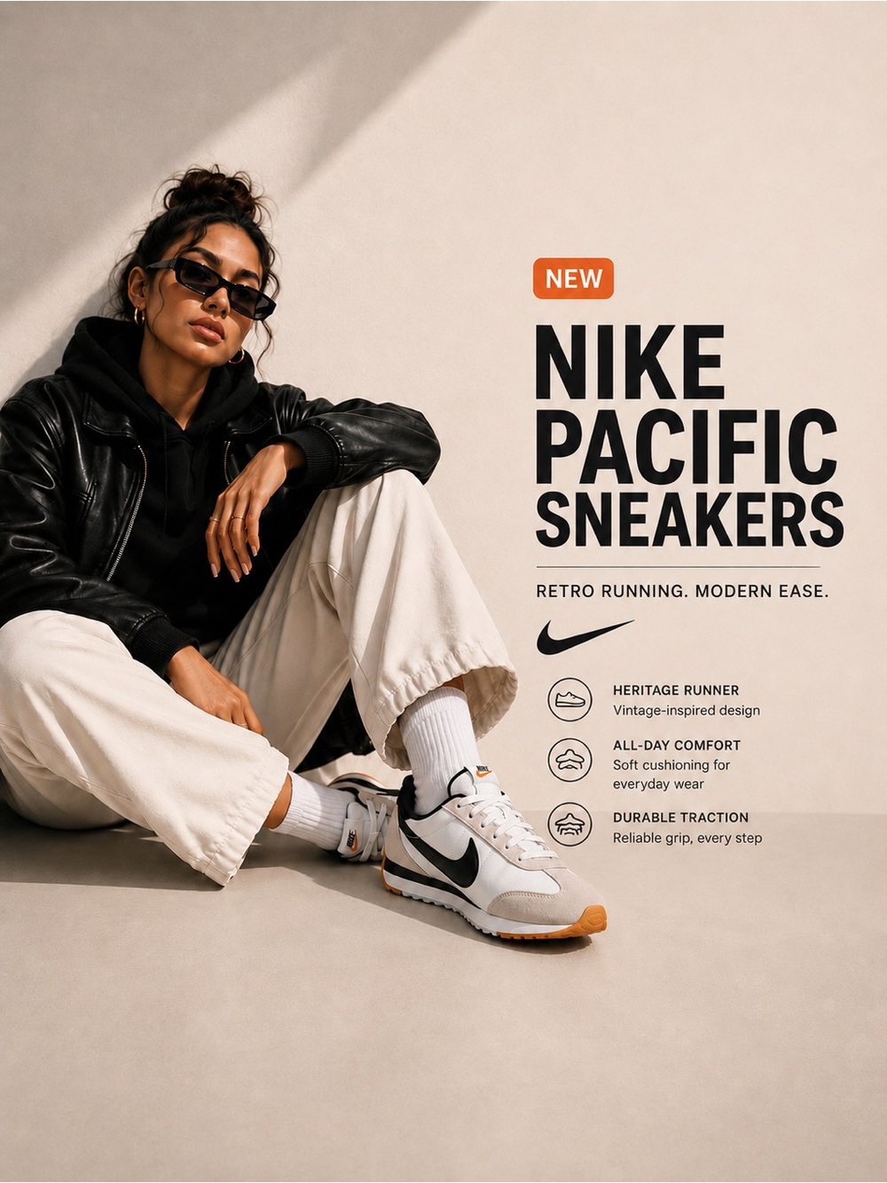 Nike Pacific Sneakers White Black Gum Sole Retro Running Shoes NWT Sz 8